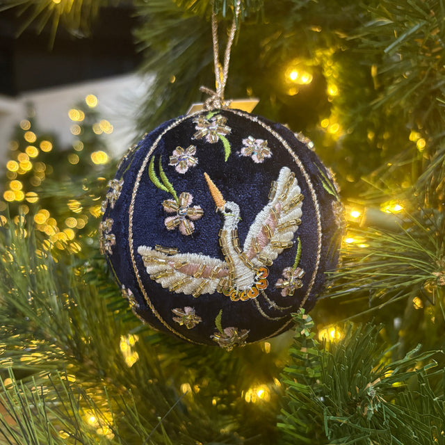 3.5" Velvet Beaded/Embroidered Crane Floral Ball Ornament