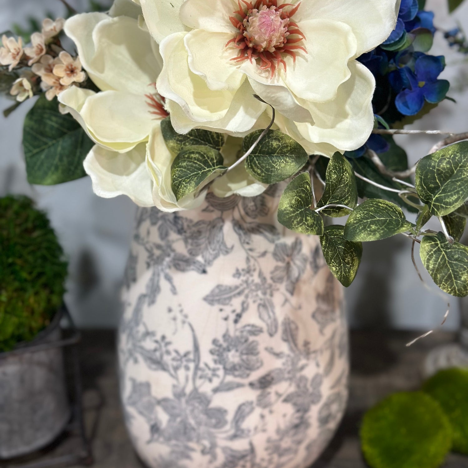 10” White & Black Floral Ceramic Vase