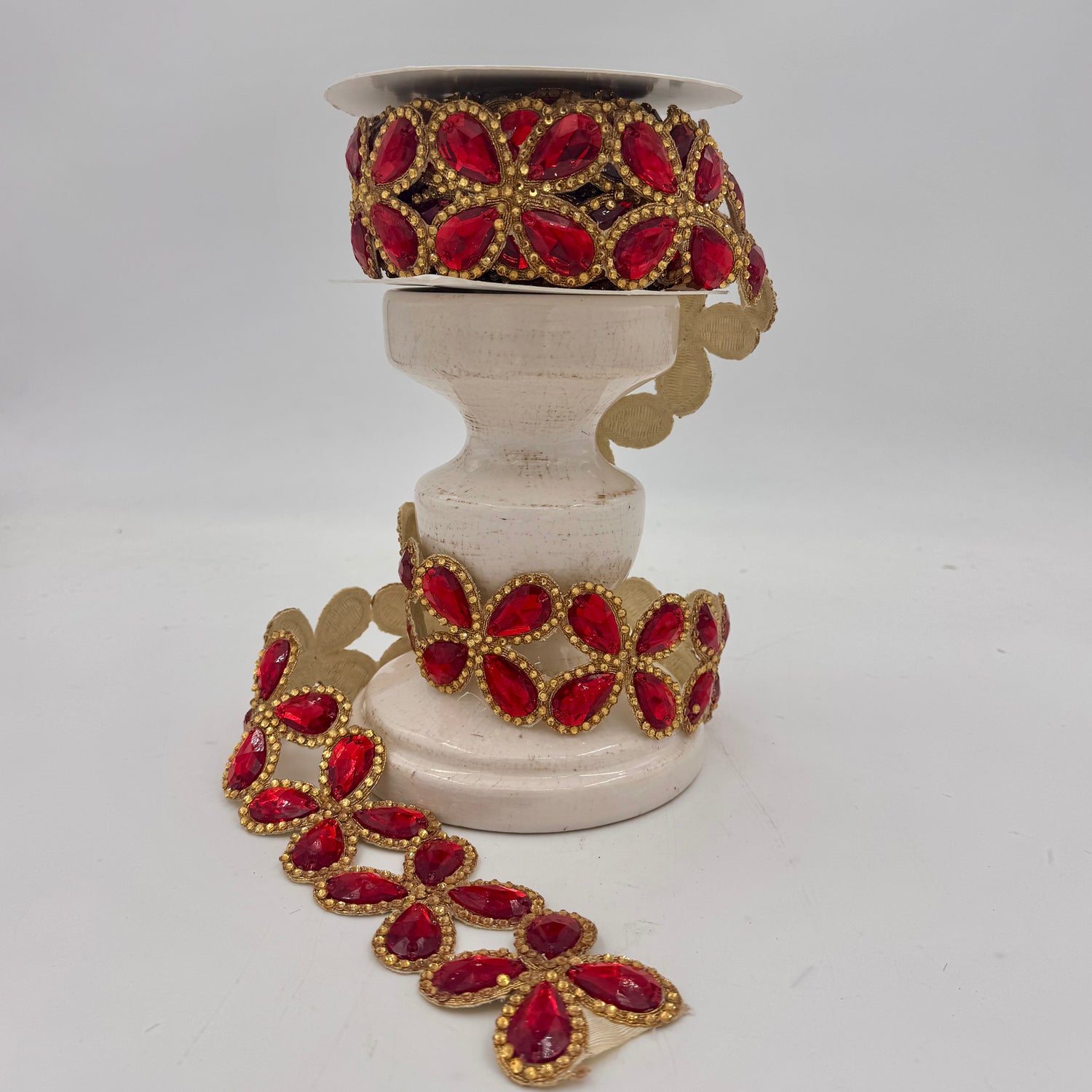 2.5"x 5YDS Red/Gold Jewel Floret Trim Ribbon