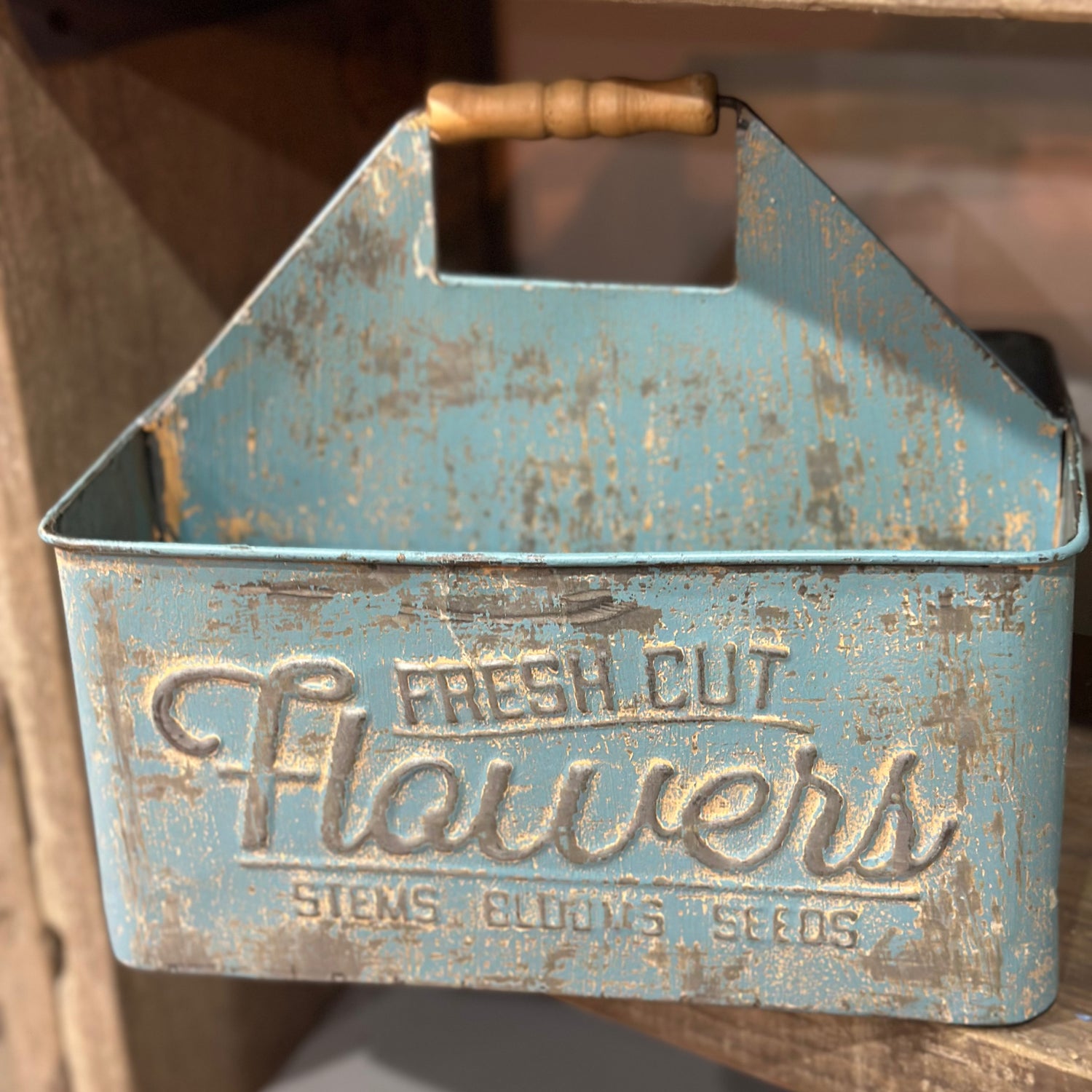 11” Antique Blue Metal Flower Carrier