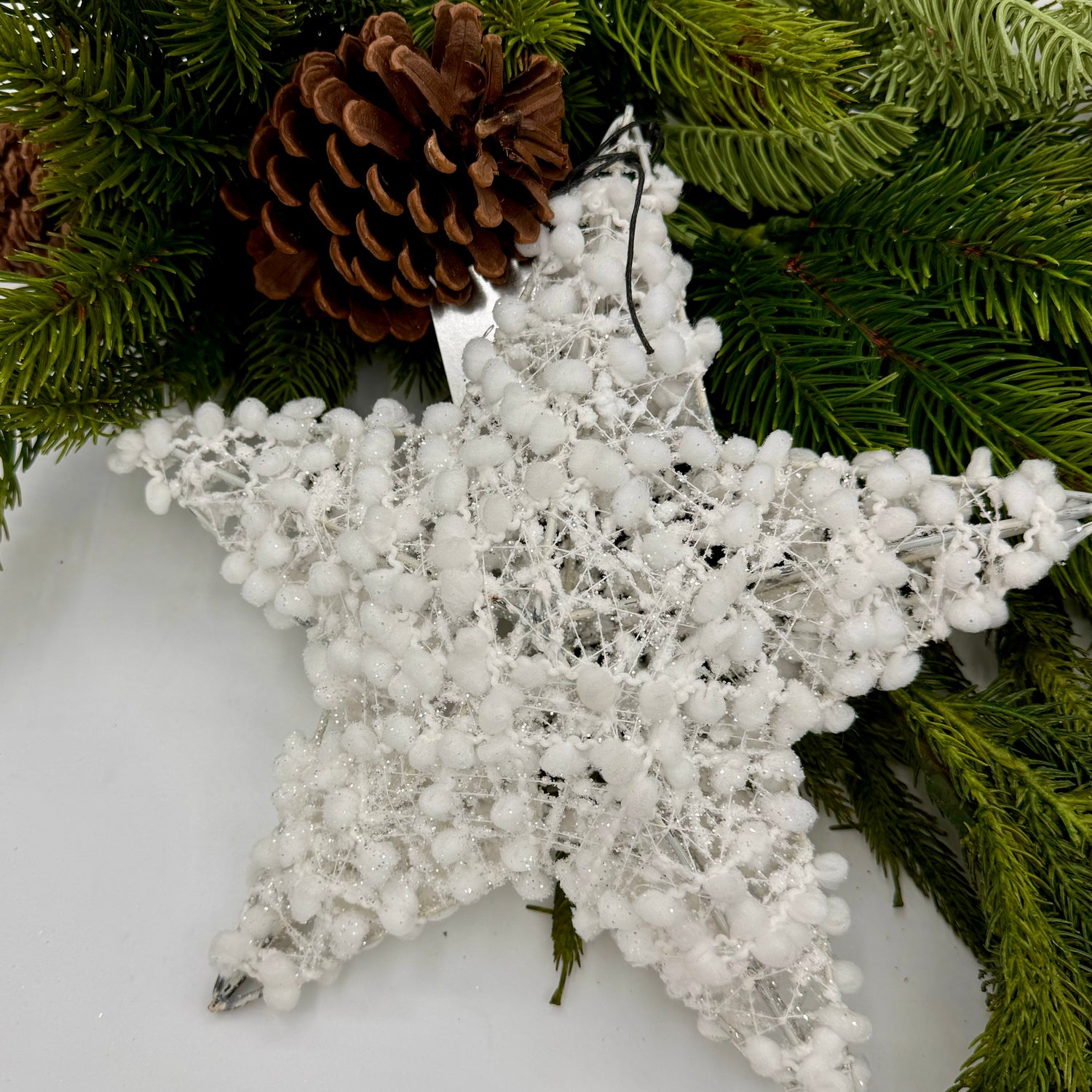 10" White Puff Ball Star Ornament With Glitter & Mica