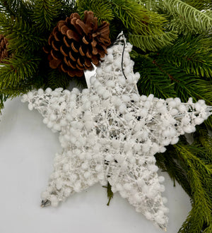 10" White Puff Ball Star Ornament With Glitter & Mica