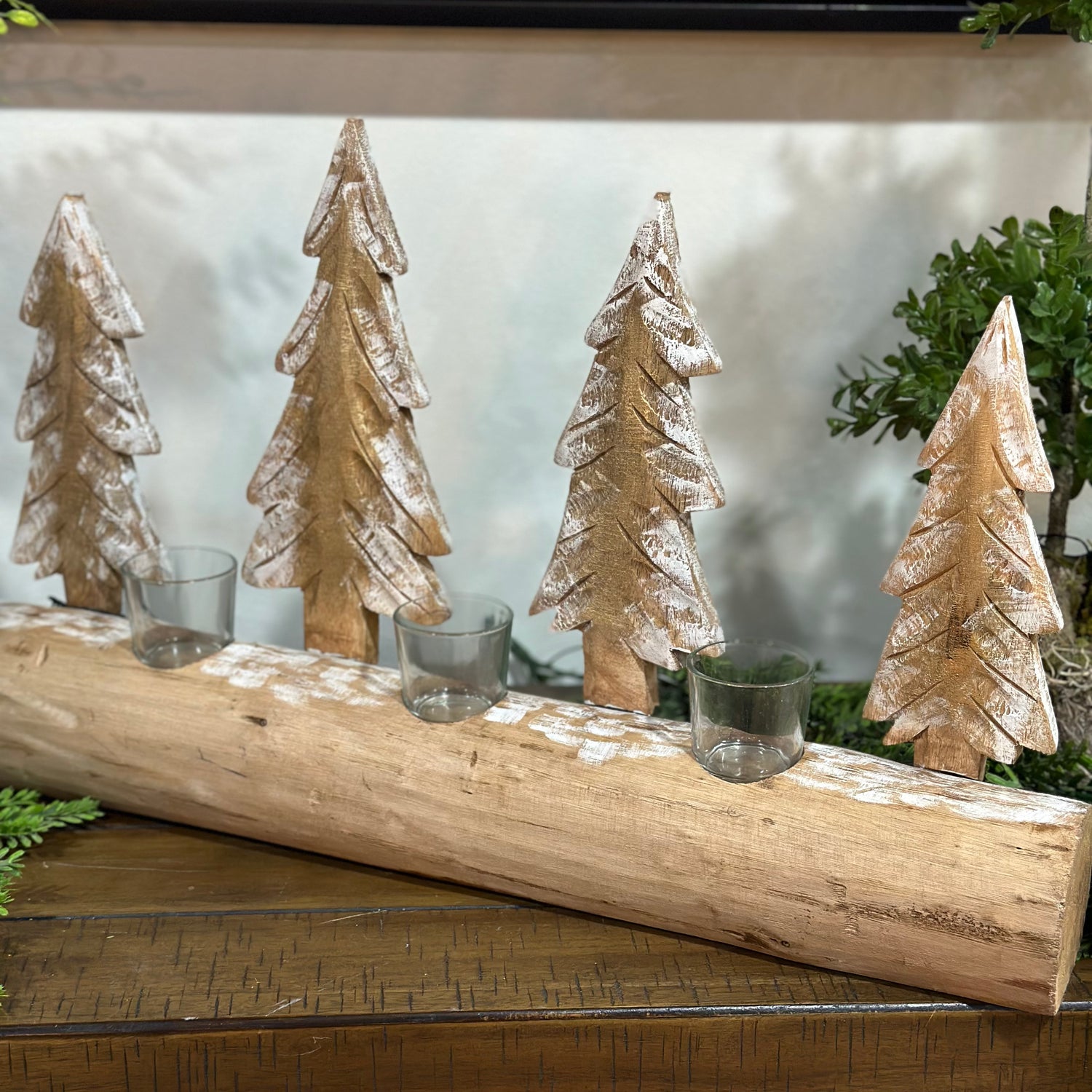 14.5"Carved Wood Fir Forest Votive Holder