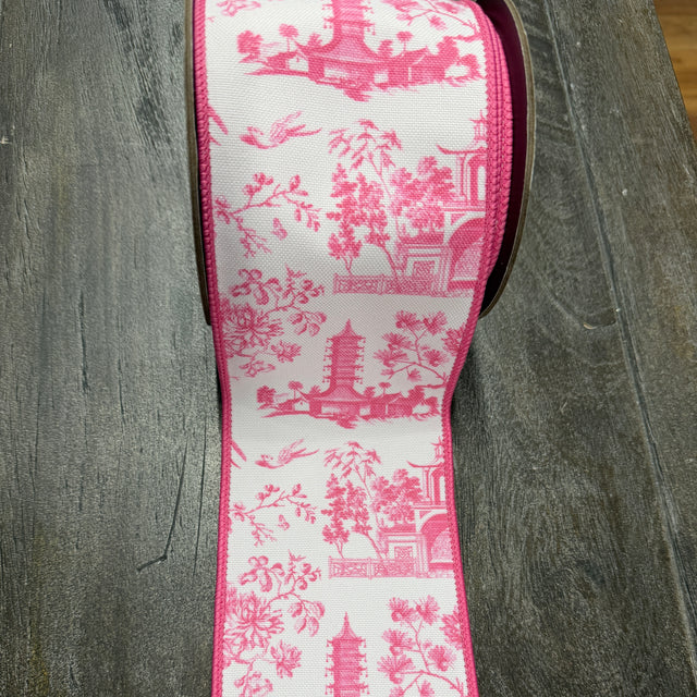 4"X5YDS Pink&White Asian Vista Chinoiserie Deluxe Wired Ribbon