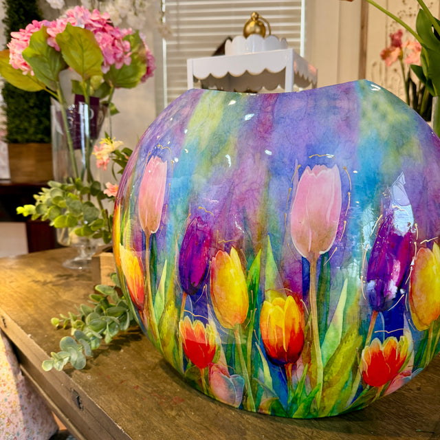 15"HX13"W Oval Metal Vase W/Tulips