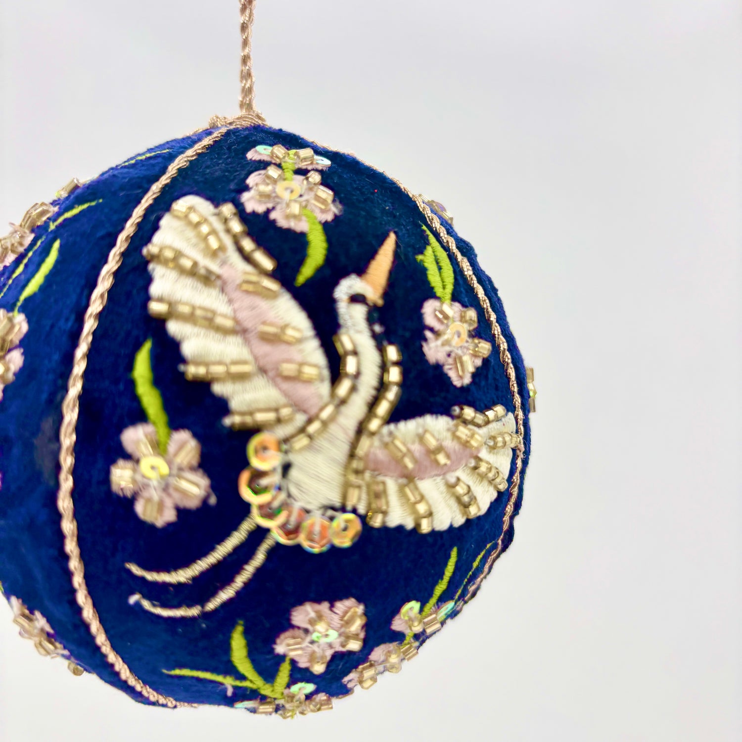 3.5" Velvet Beaded/Embroidered Crane Floral Ball Ornament