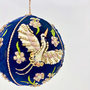 3.5" Velvet Beaded/Embroidered Crane Floral Ball Ornament