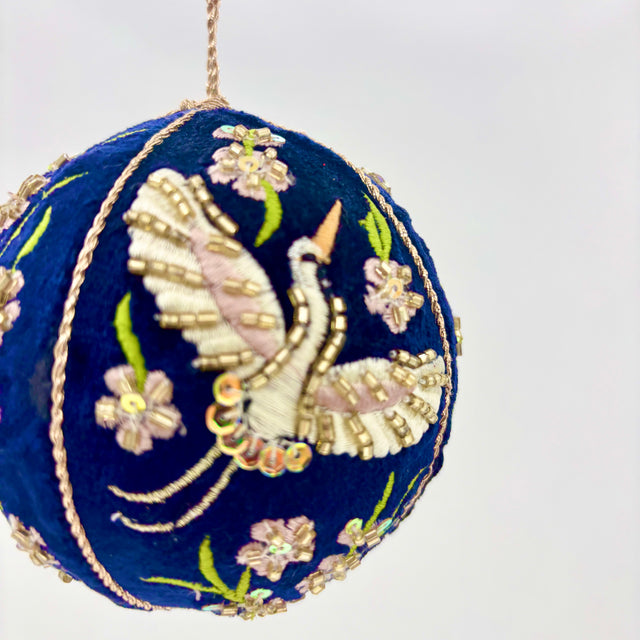 3.5" Velvet Beaded/Embroidered Crane Floral Ball Ornament