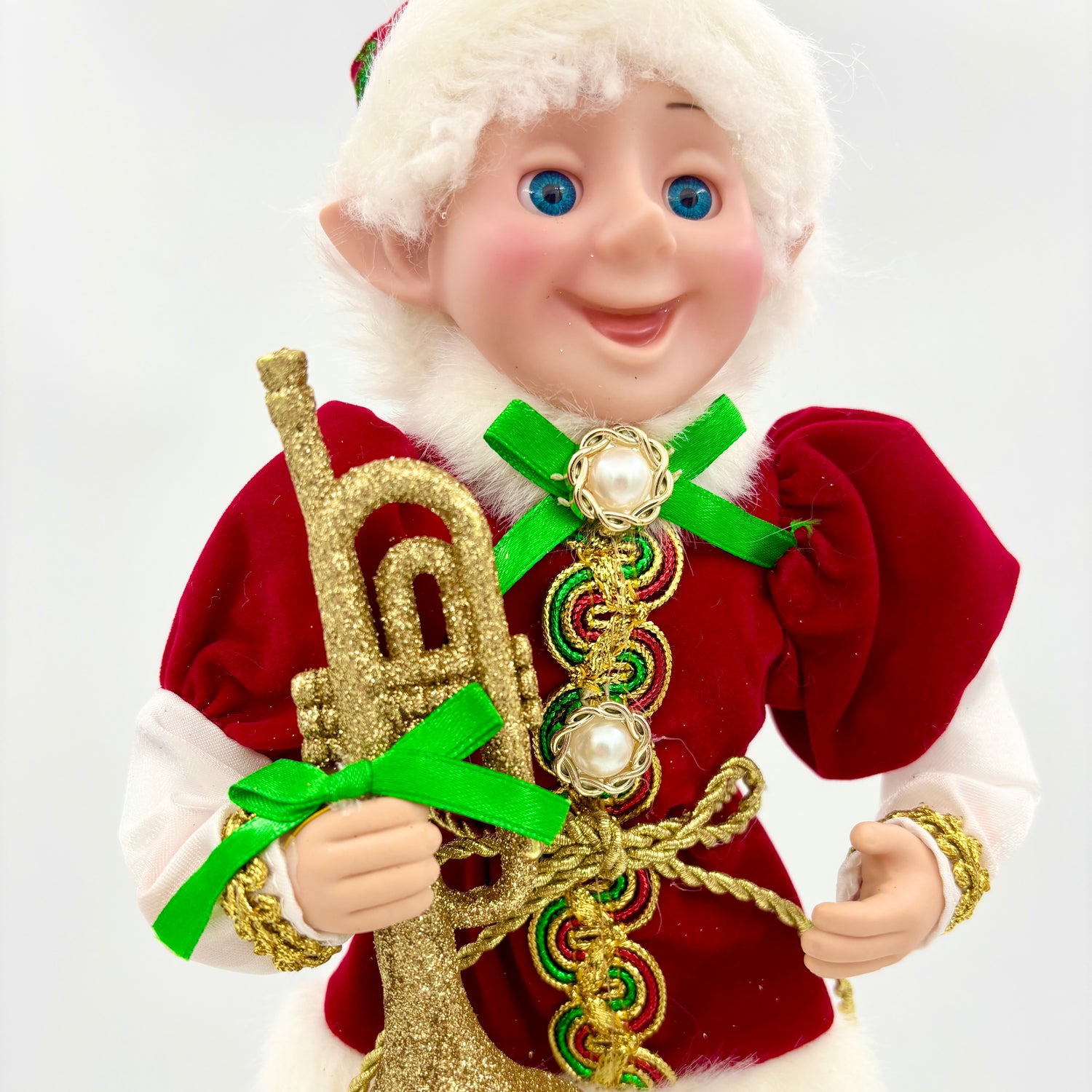 18" Red | Green | Gold | Fabric Pixie Elf with Musical Instrument | Ornament