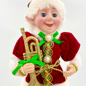 18" Red | Green | Gold | Fabric Pixie Elf with Musical Instrument | Ornament