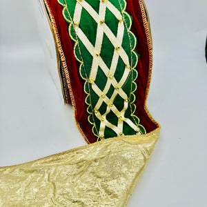 4" Red/Green/Gold Velvet Cross Grain Ribbon- 5 Yards