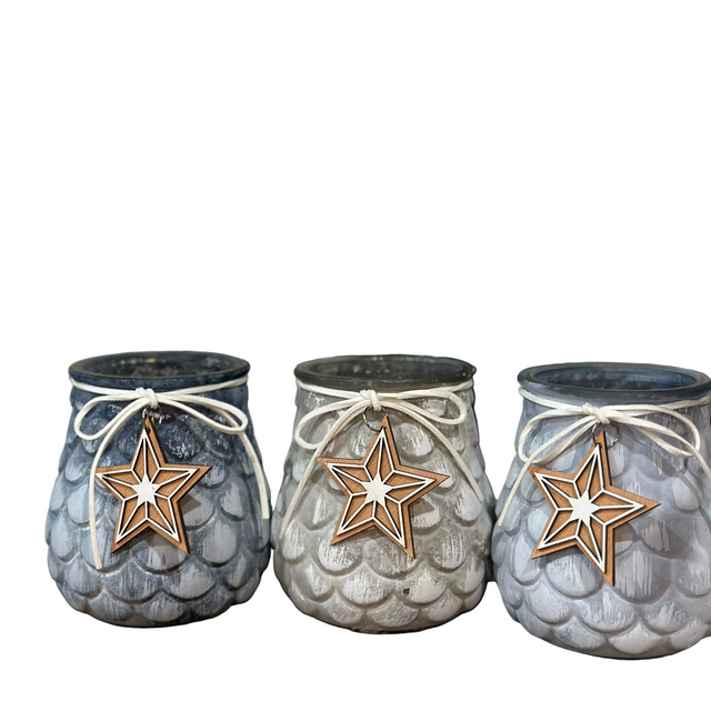 4.5" Tealight Candle Holder Glass Pinecone Wash, Wooden Star Hanger