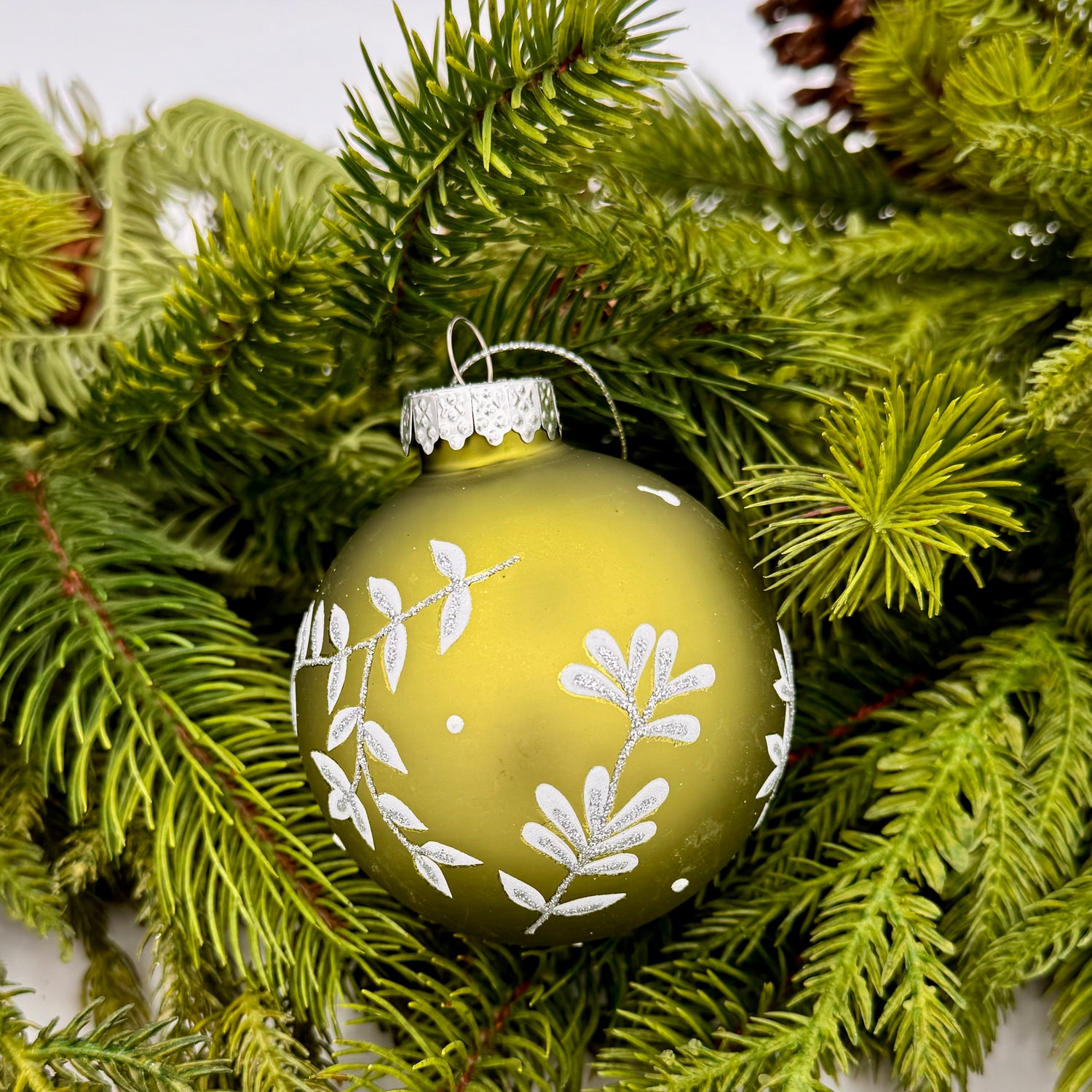 3" Glass Leaf Design Ball - Green Set of 6