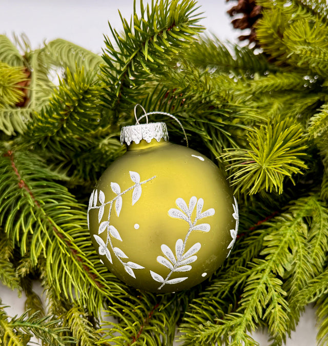 3" Glass Leaf Design Ball - Green Set of 6