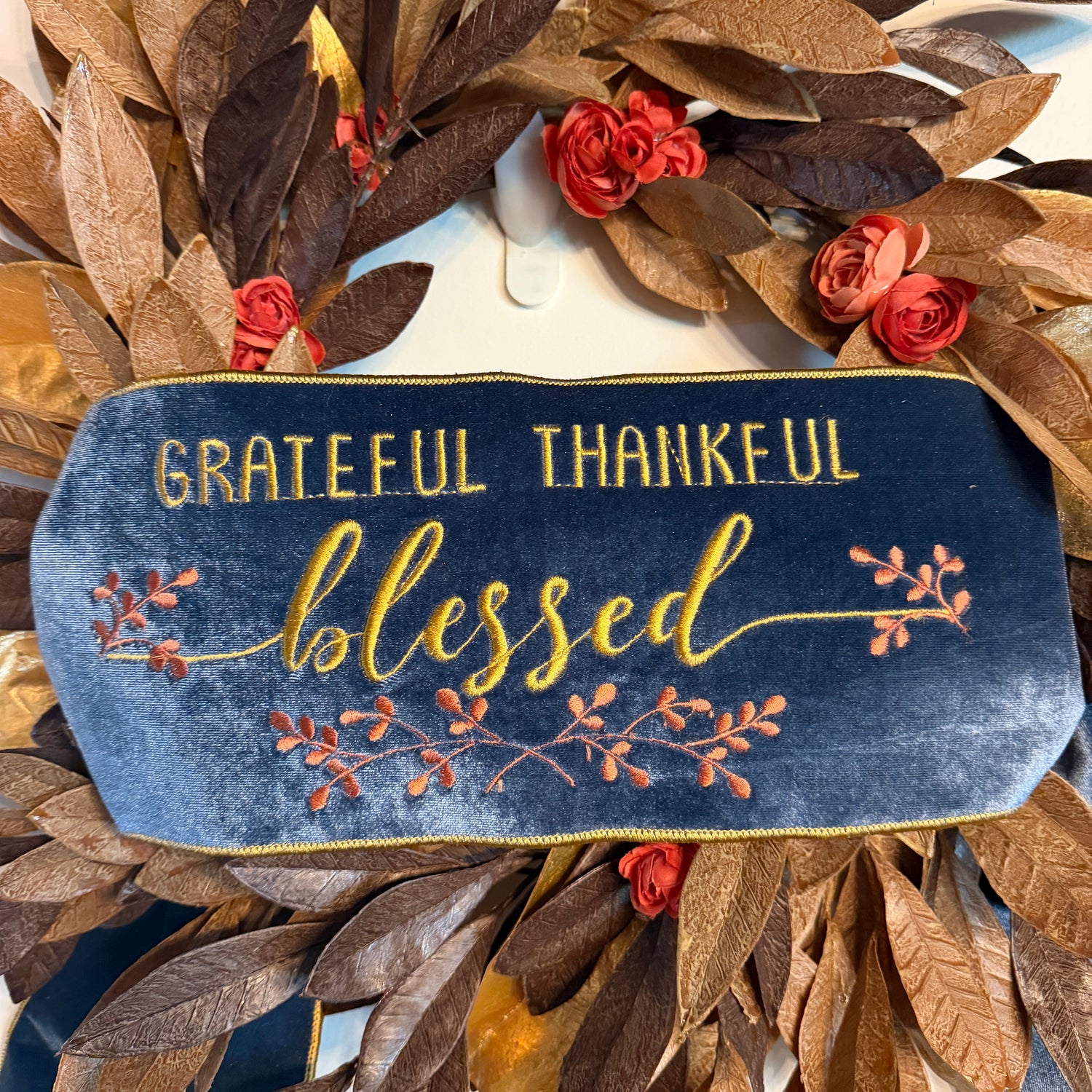 6" x 56" Velvet Embroidered "Grateful Thankful Blessed" Banner