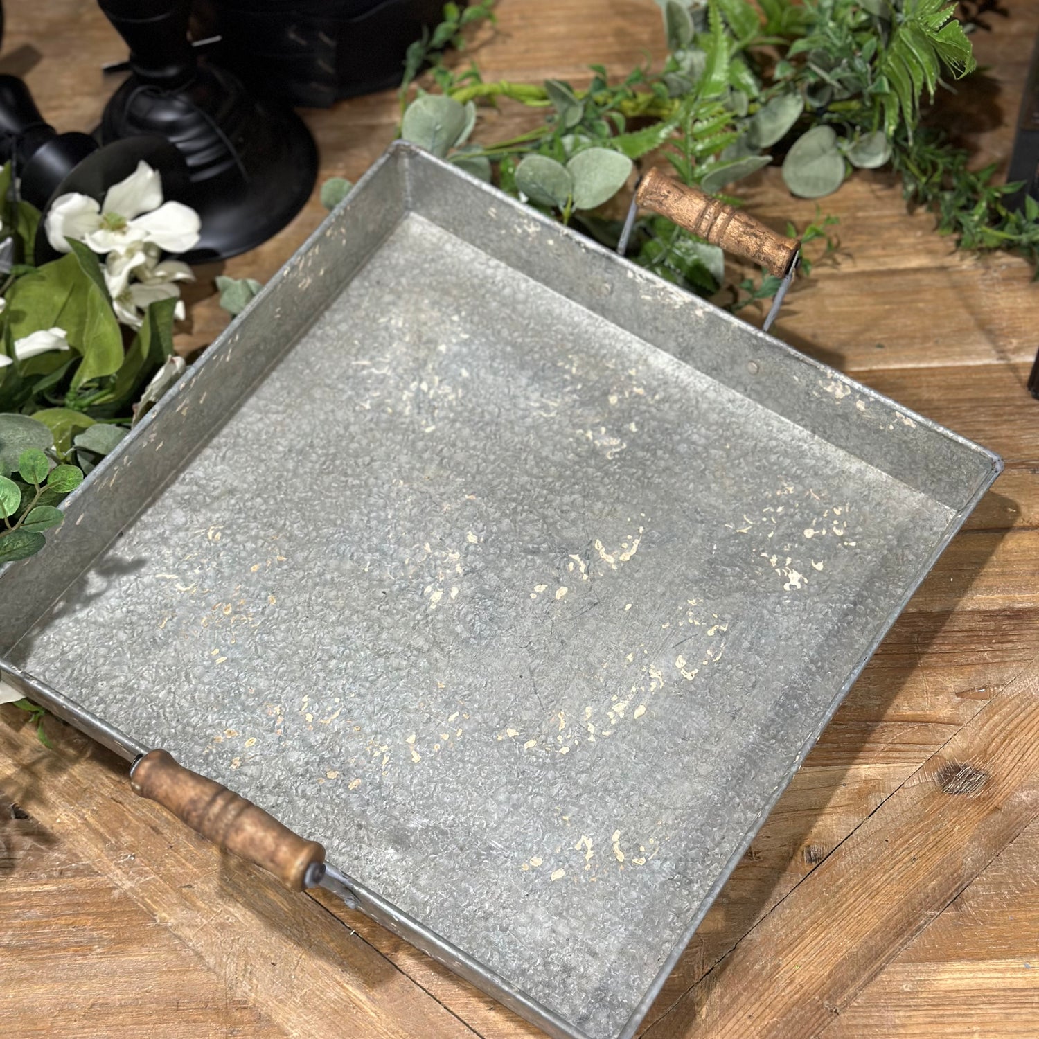 13” Metal Tray with Wooden Handle