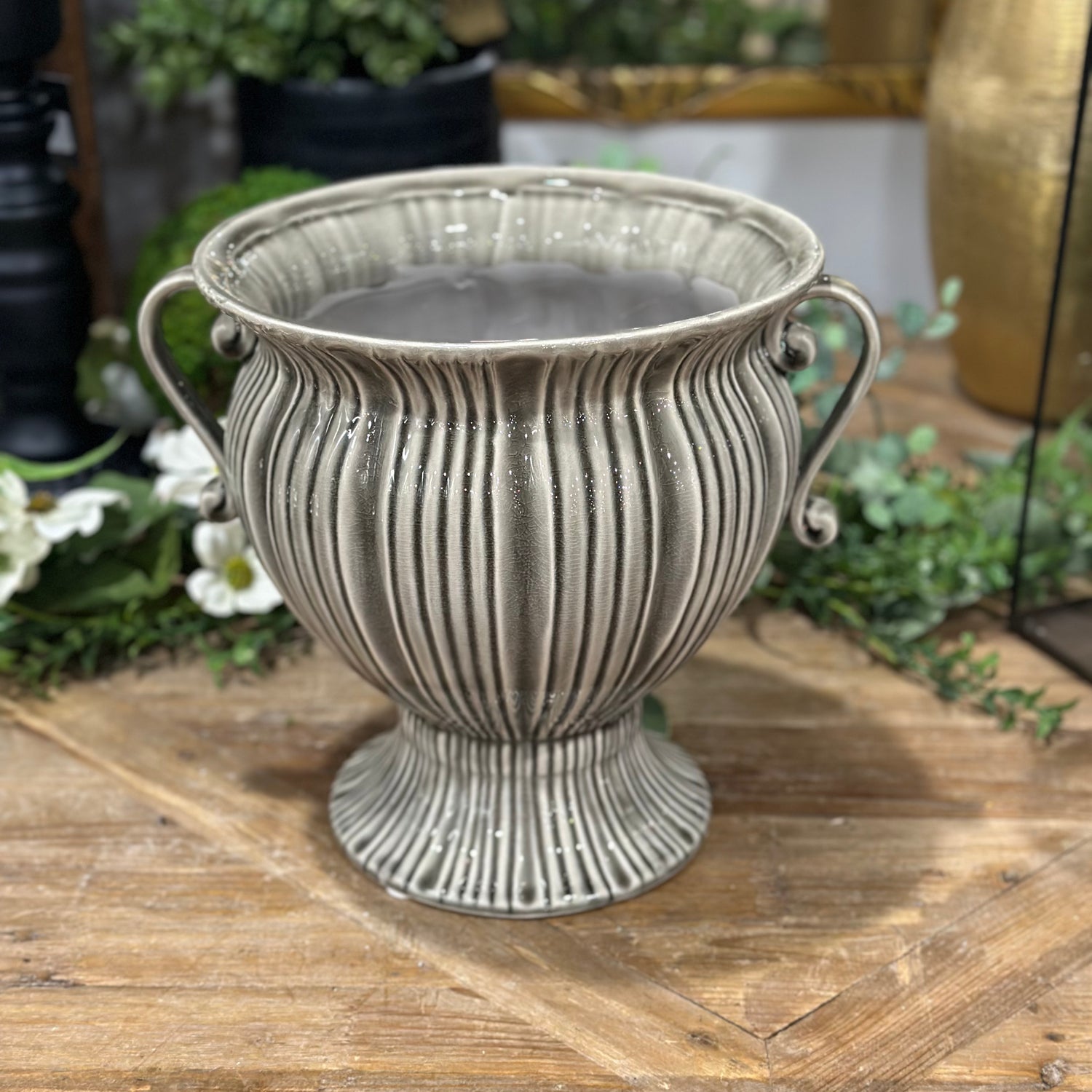 9.5” Gray Ceramic Art Deco Style Urn