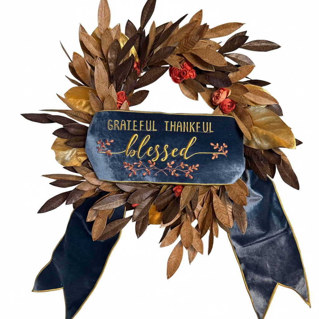 6" x 56" Velvet Embroidered "Grateful Thankful Blessed" Banner