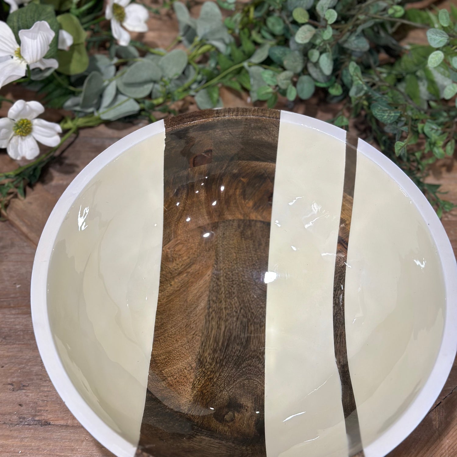 12” Round Mango Wood Enameled Striped Bowl