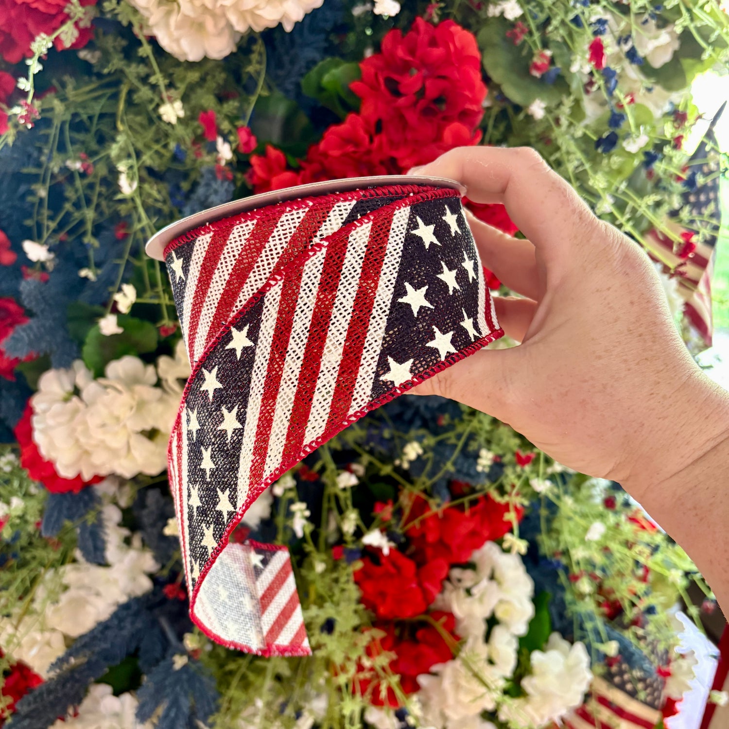 2.5"X10YDS Flag Patriotic Hopsack Wired Edge Ribbon