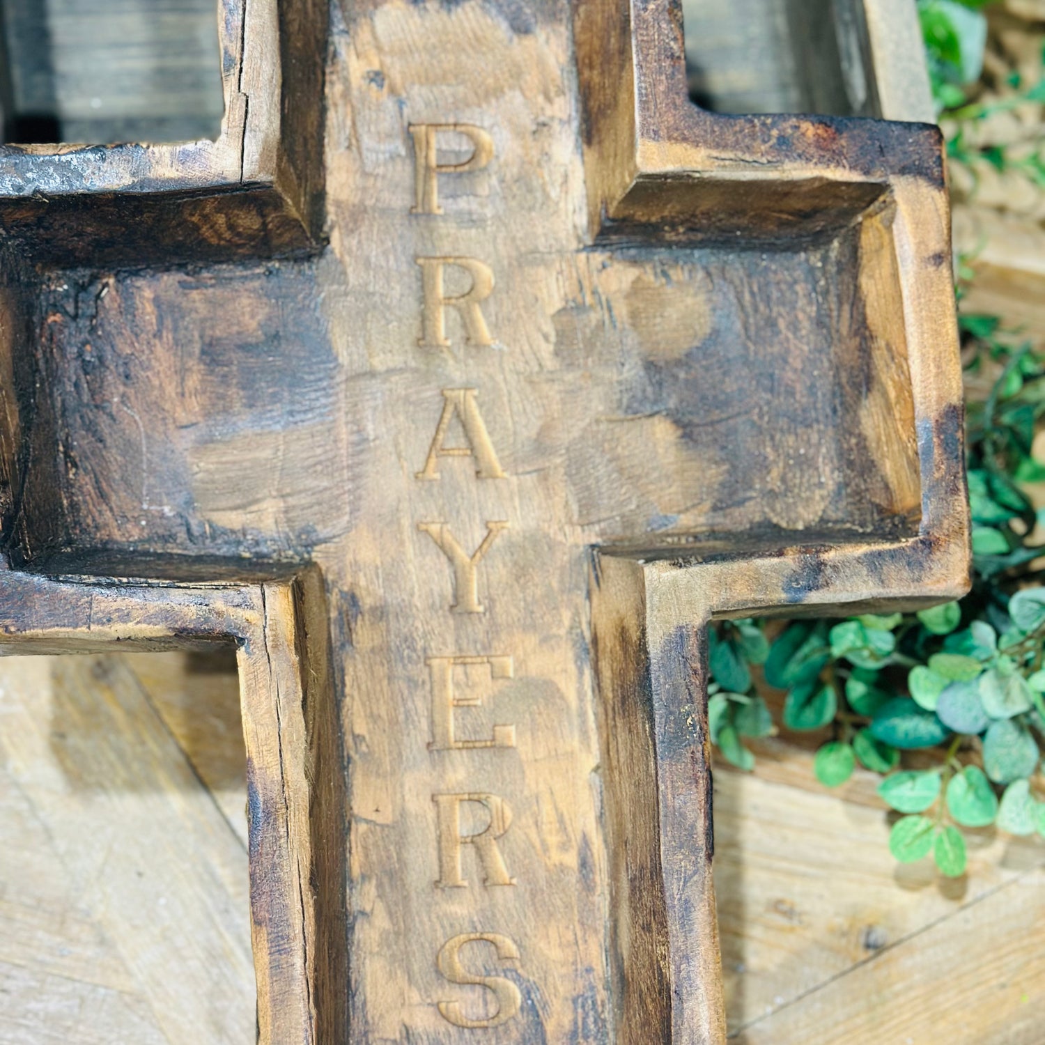17.75" Large Wood Cross Bowl Engraved Prayers