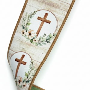 2.5"X10YDS Brown/Taupe/Green Floral Crosses Ribbon