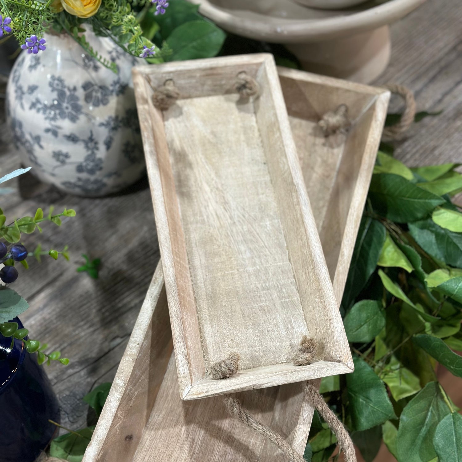 19”-13” Wooden Trays With Handle Set of 2