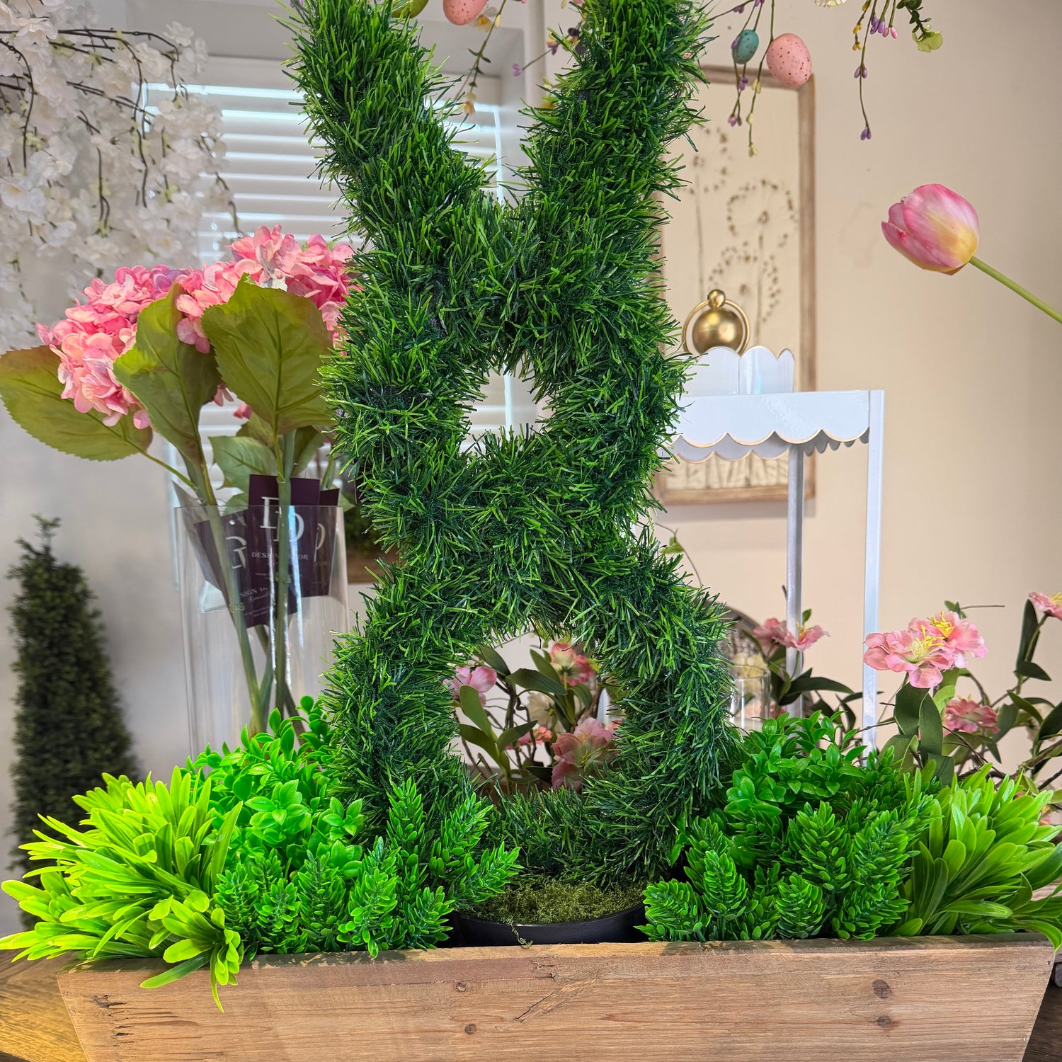 26" Bunny Topiary in Wooden Planter with Greenery