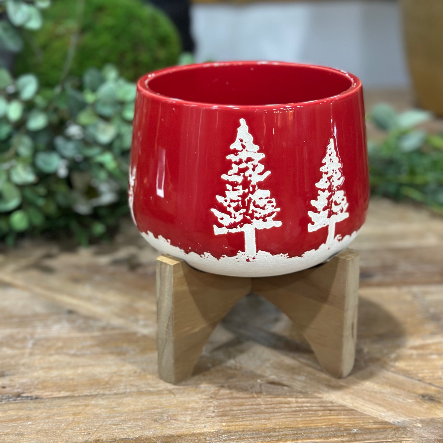 6.75" Red Ceramic Christmas Planter on Wood Stand