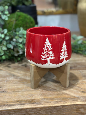 6.75" Red Ceramic Christmas Planter on Wood Stand