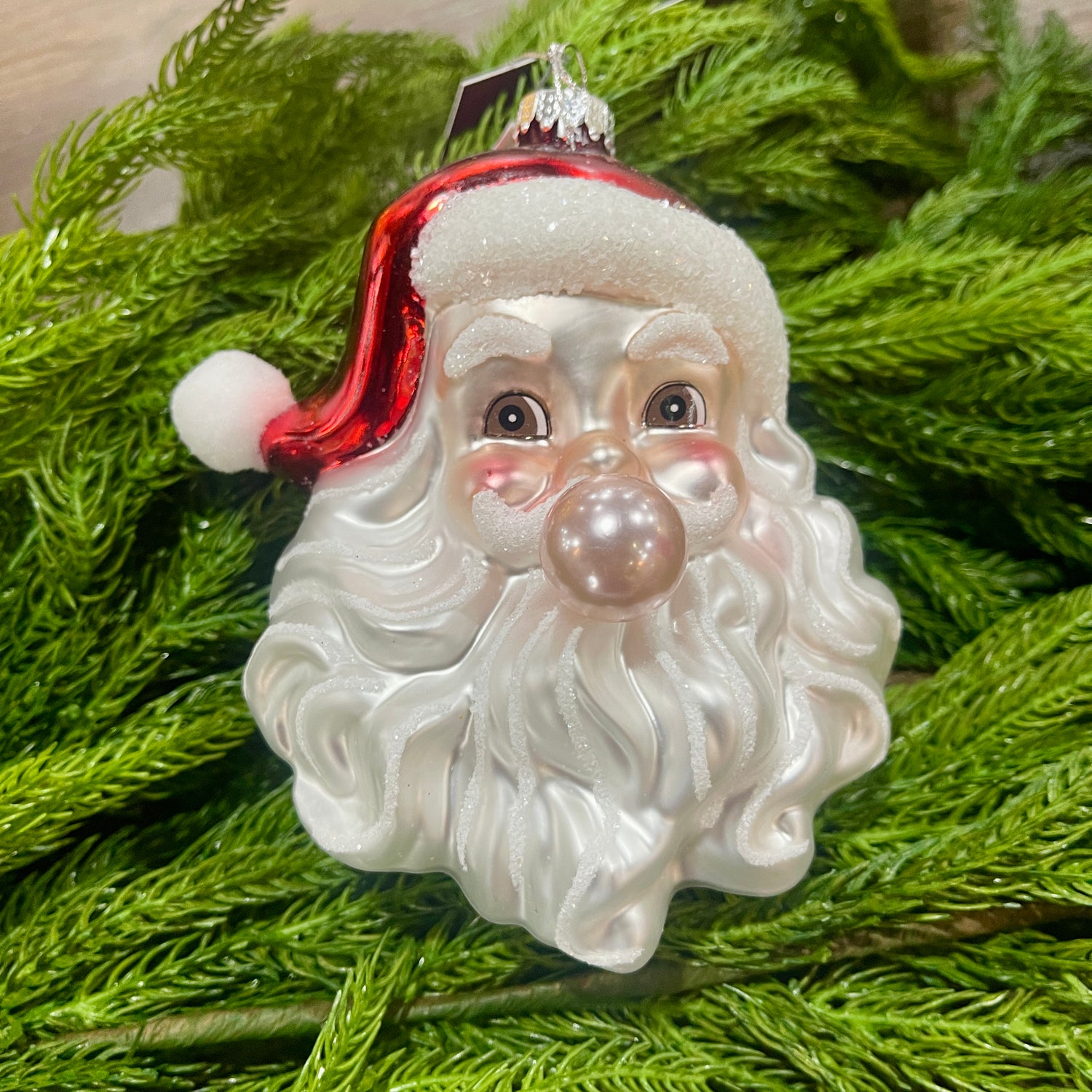5.25" Glass Santa Head- Bubble Gum Ornament