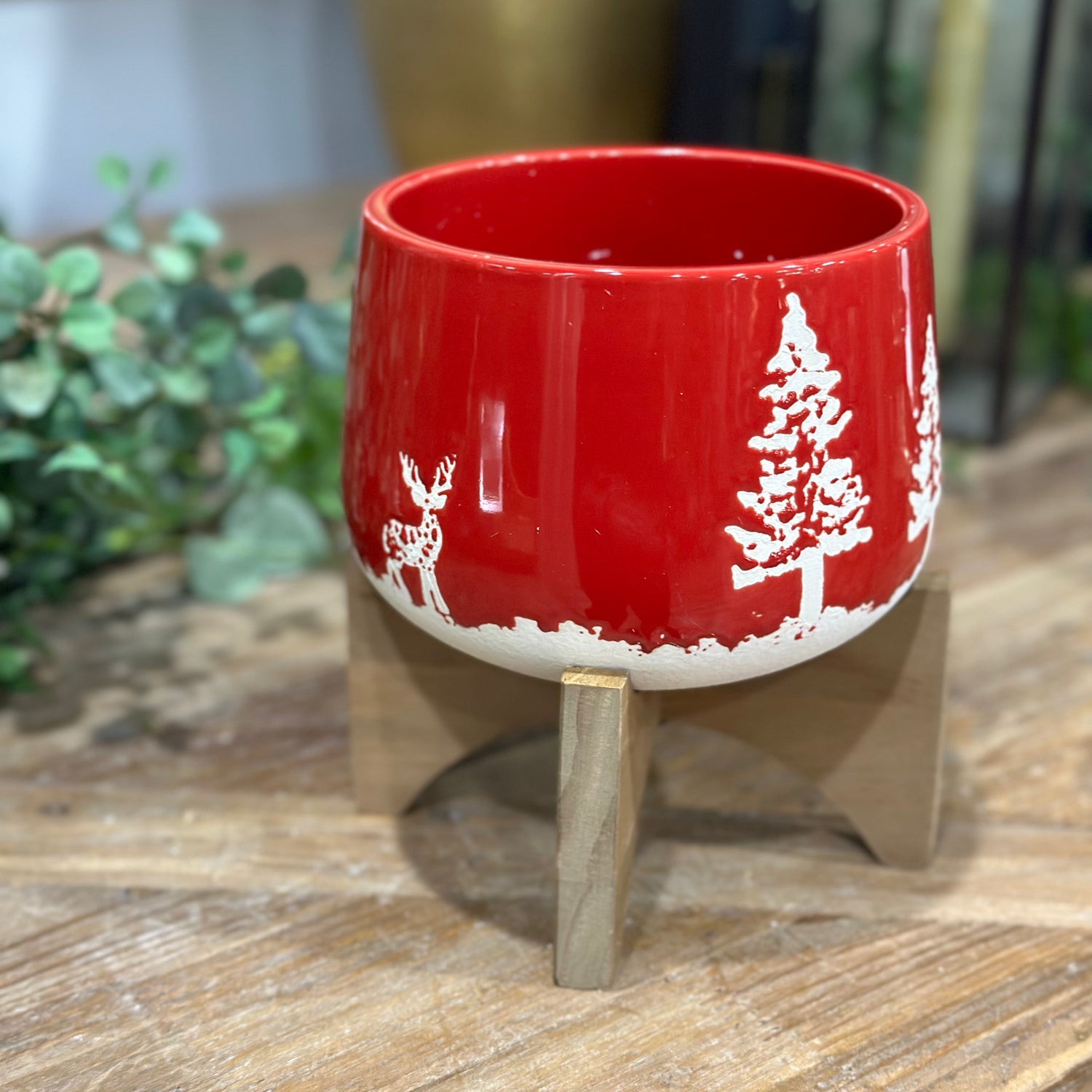 6.75" Red Ceramic Christmas Planter on Wood Stand