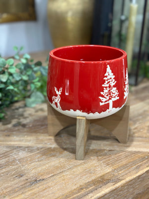 6.75" Red Ceramic Christmas Planter on Wood Stand