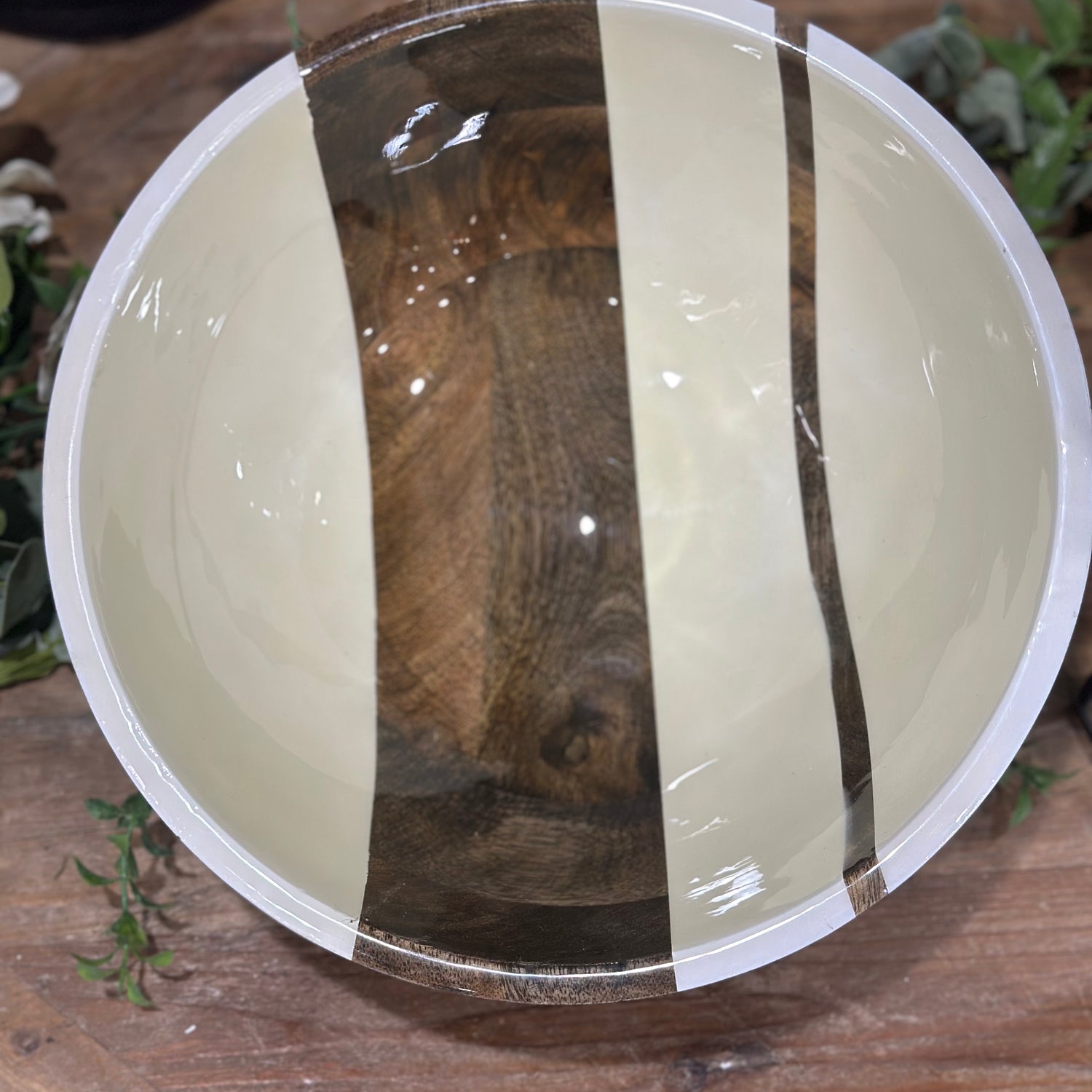 12” Round Mango Wood Enameled Striped Bowl