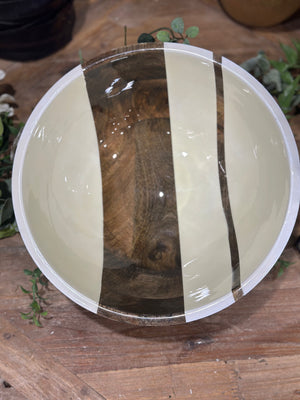 12” Round Mango Wood Enameled Striped Bowl