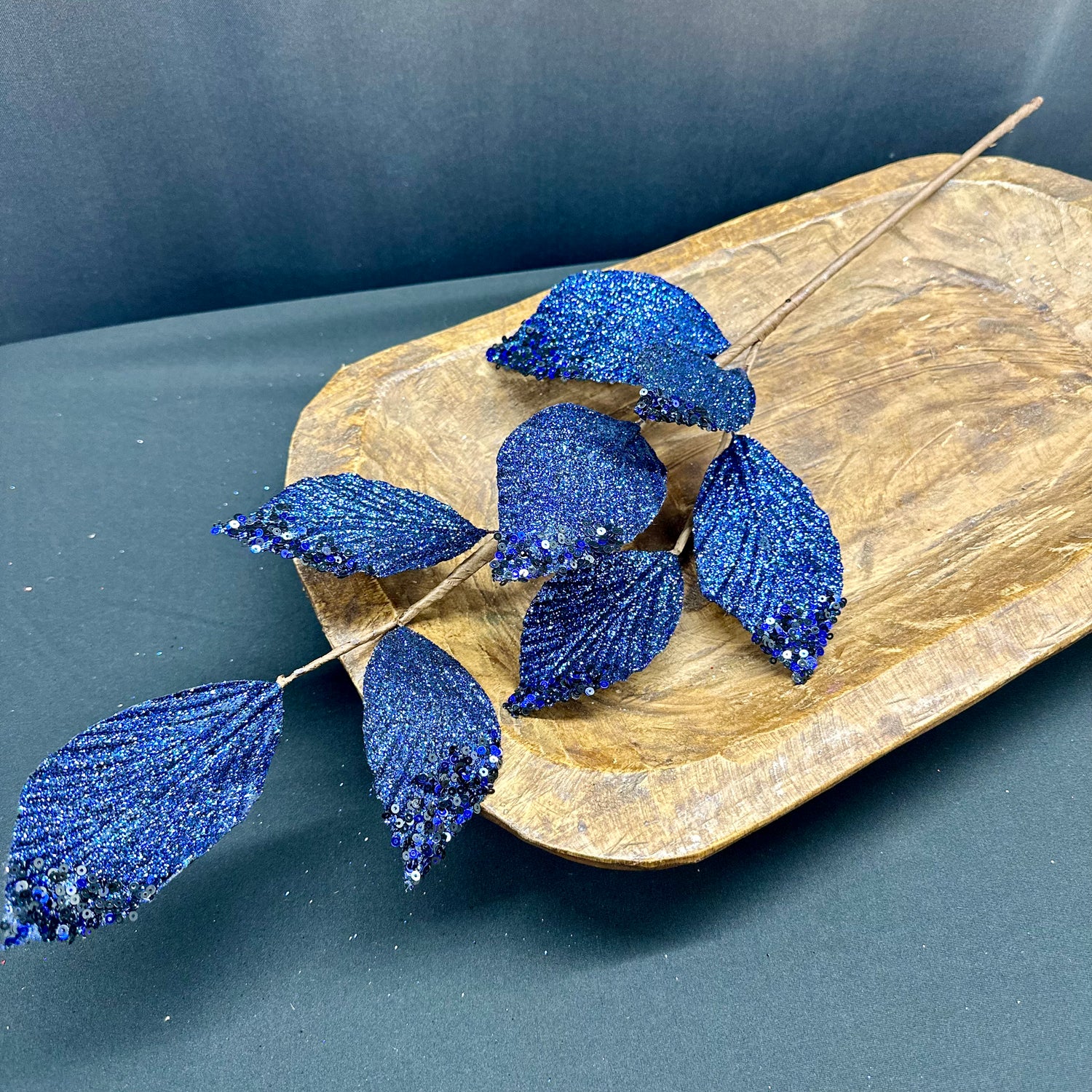 26" Blue Glitter/Sequin Tip Beach Leaf Spray