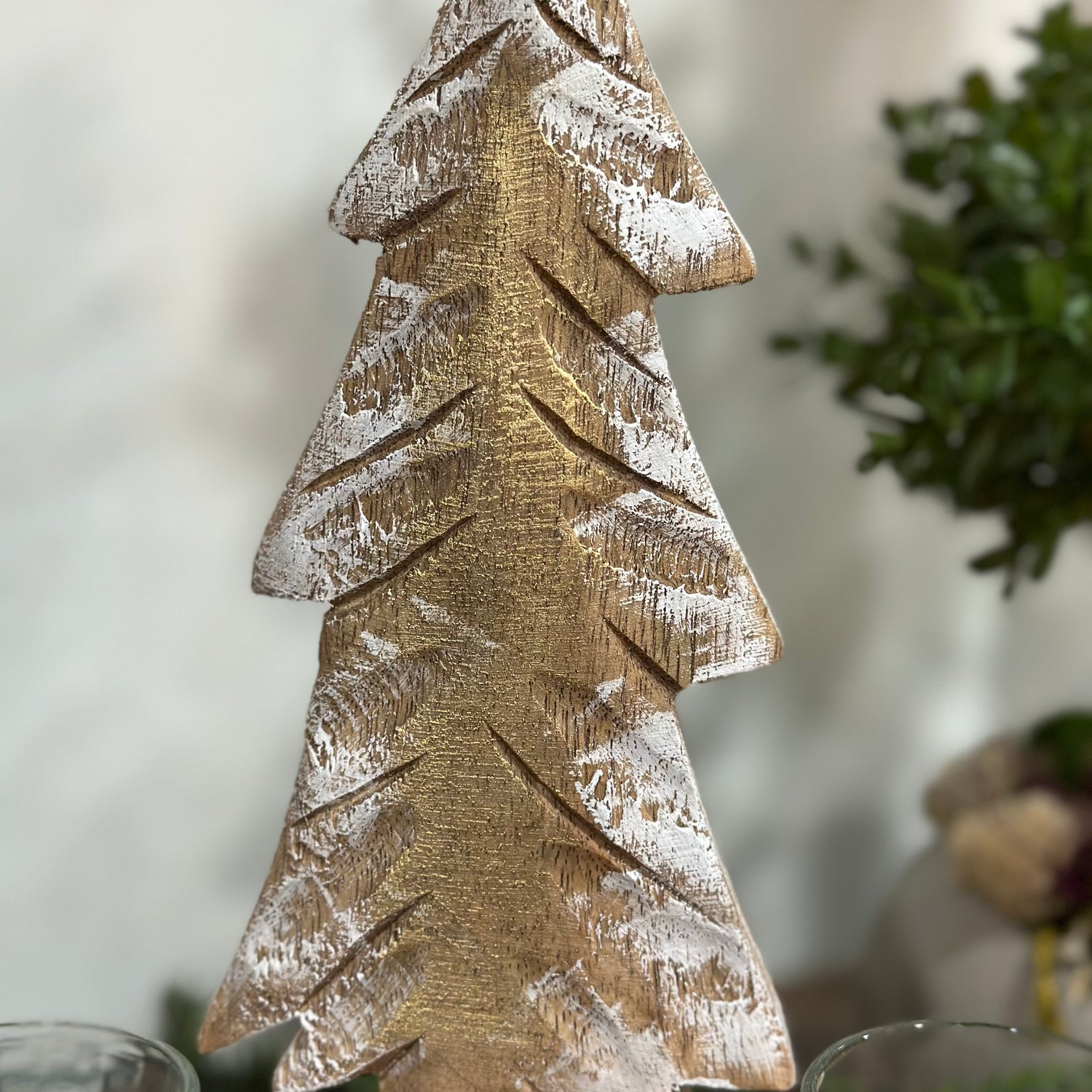 14.5"Carved Wood Fir Forest Votive Holder