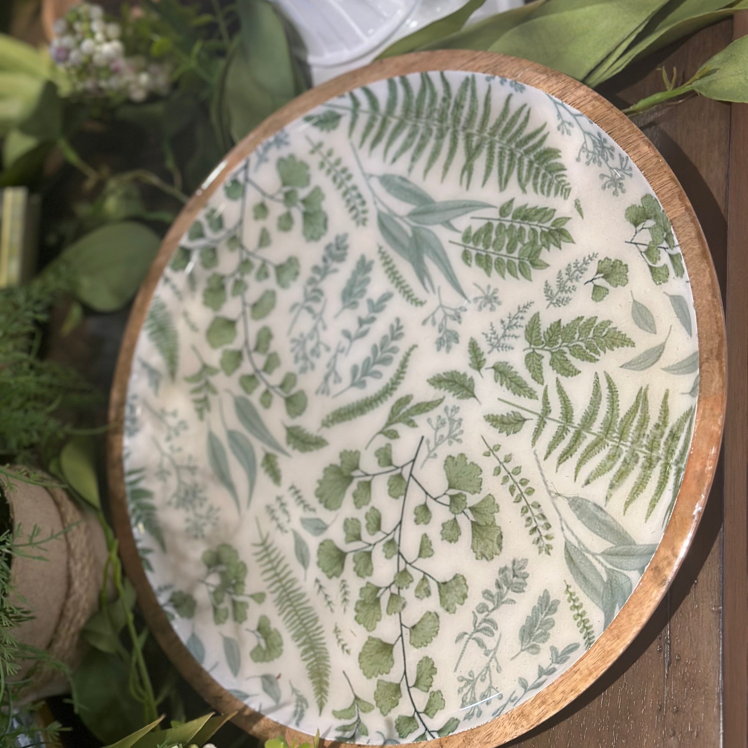 12” Wooden Plate With Fern Enamel Inside