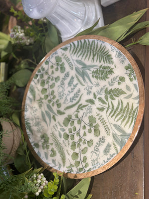 12” Wooden Plate With Fern Enamel Inside