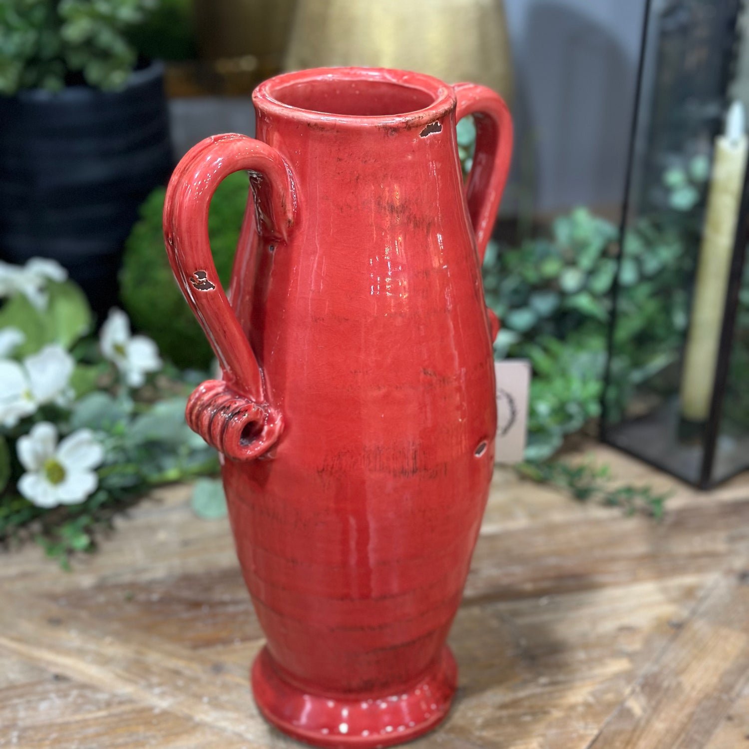 13" Red Glazed Handled Urn
