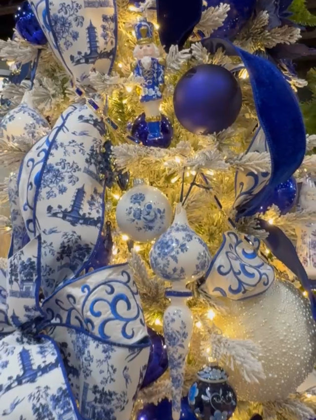 8" Glass Chinoiserie Blue & White Floral Bird with Feather Ornament