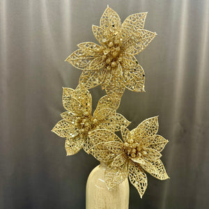 19" Champagne Glitter Triple Poinsettia Spray
