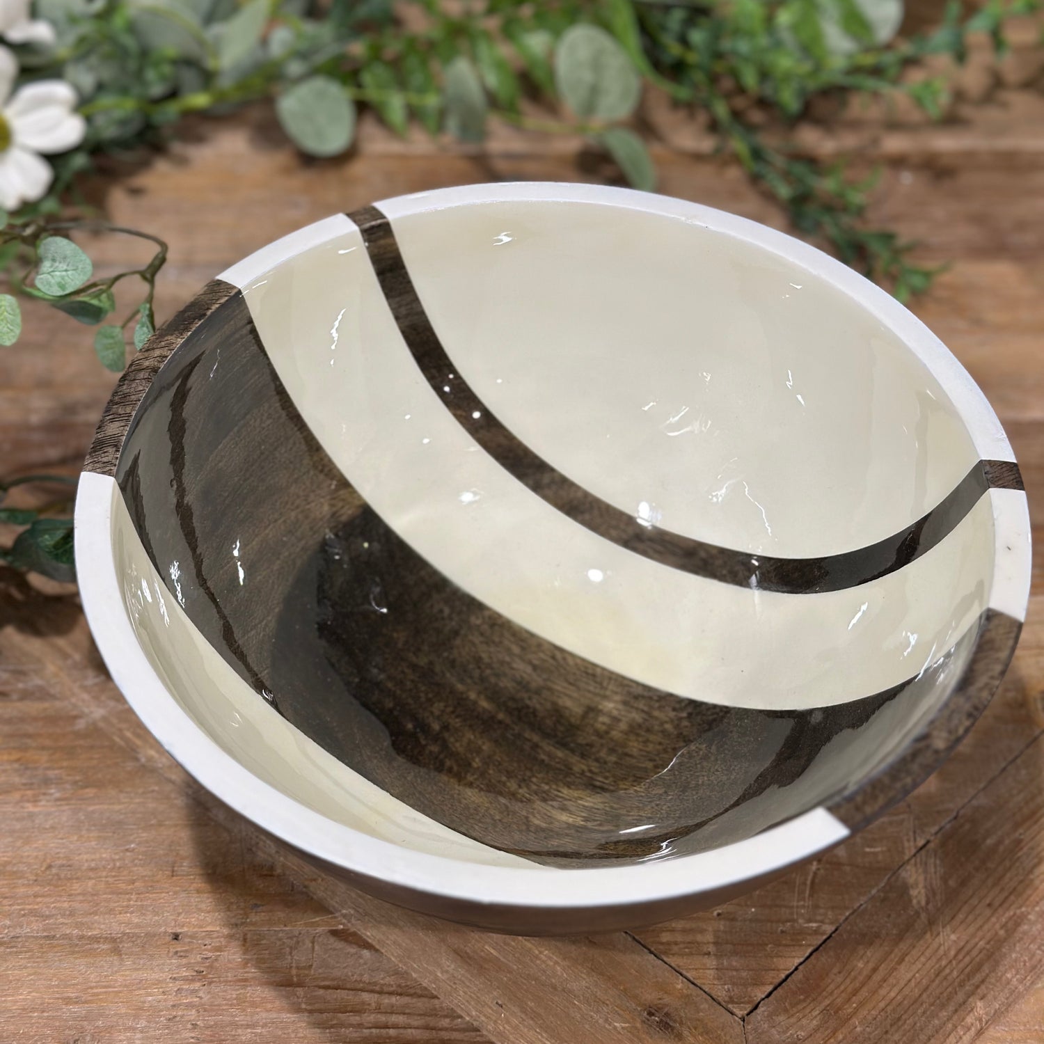 9.5” Round Mango Wood Enameled Striped Bowl