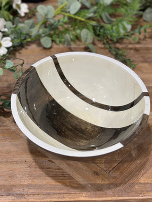9.5” Round Mango Wood Enameled Striped Bowl