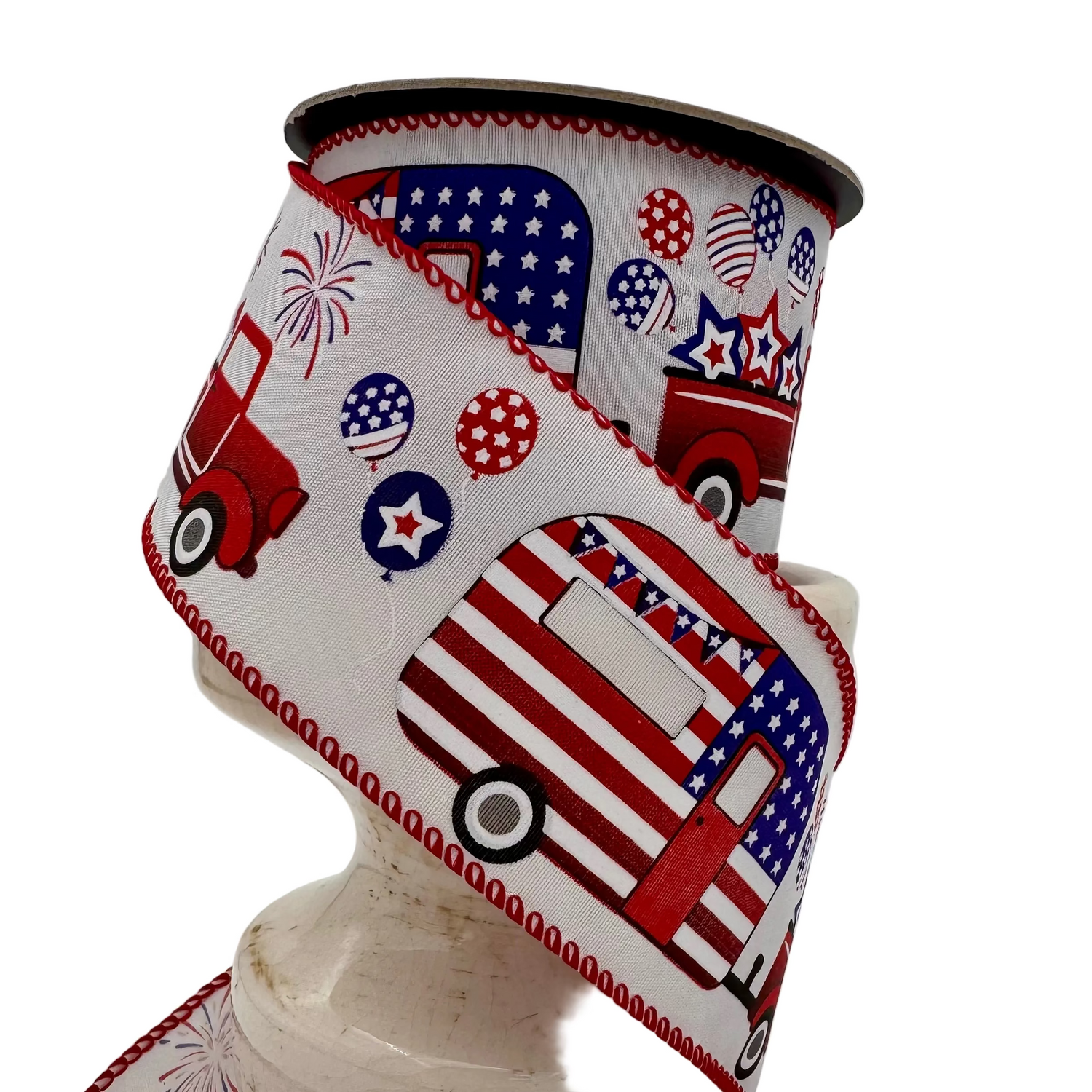 2.5" x 10YDS Linen Patriotic Truck & Camper Ribbon | White, Red & Blue