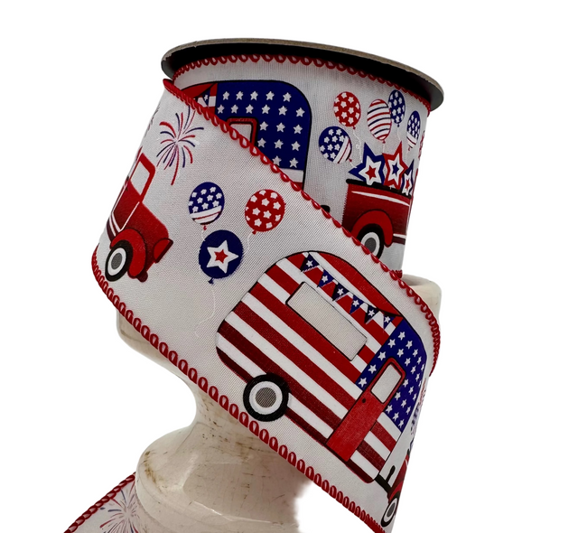 2.5" x 10YDS Linen Patriotic Truck & Camper Ribbon | White, Red & Blue