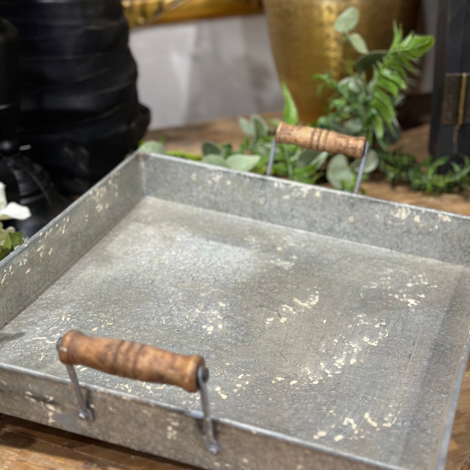 13” Metal Tray with Wooden Handle