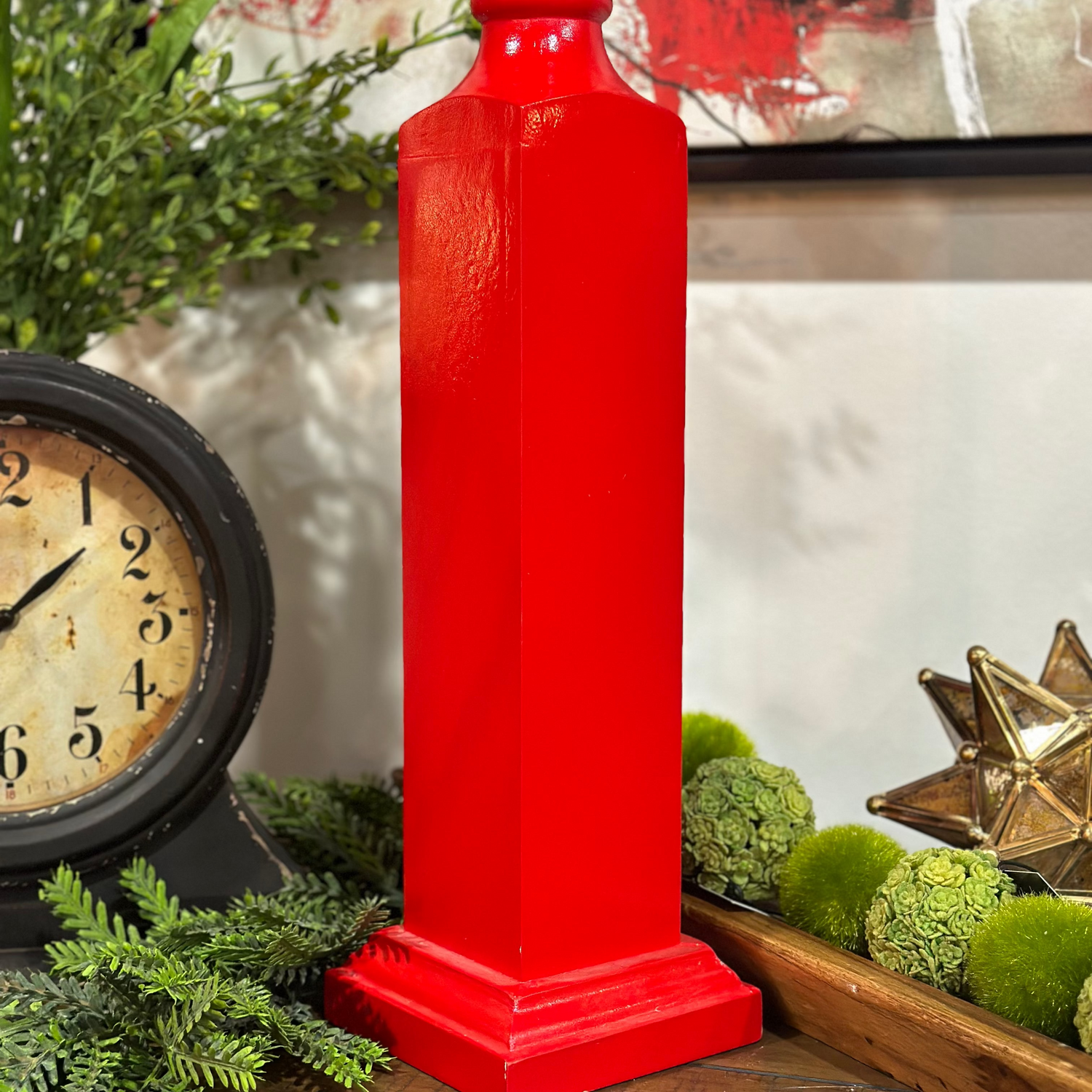 31.5" Red Wood Spindle Candle Stand