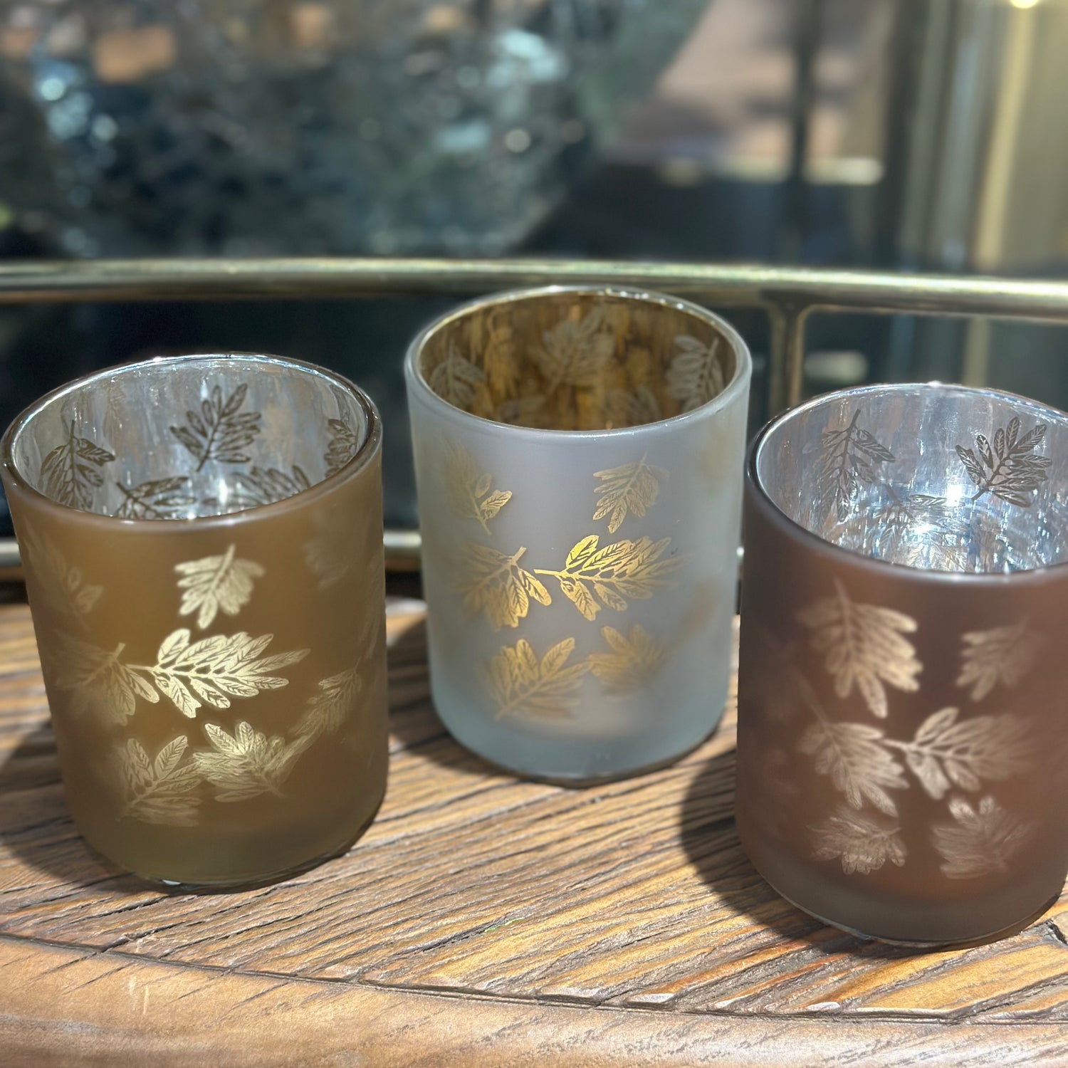 3" Tealight Candle Holder Glass Matte Laser Leaves