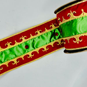 4" Red/ Green / Gold  Embroidered Fleur De Lis Trim with Jewels Ribbon- 5 Yards